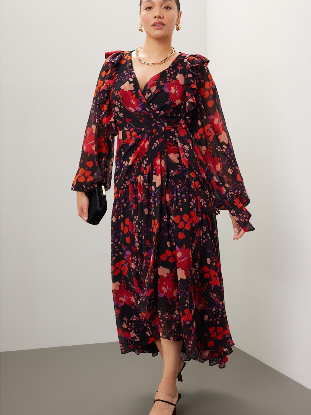 Slate & Willow Black Midi Dress with Red and Pink Floral Print